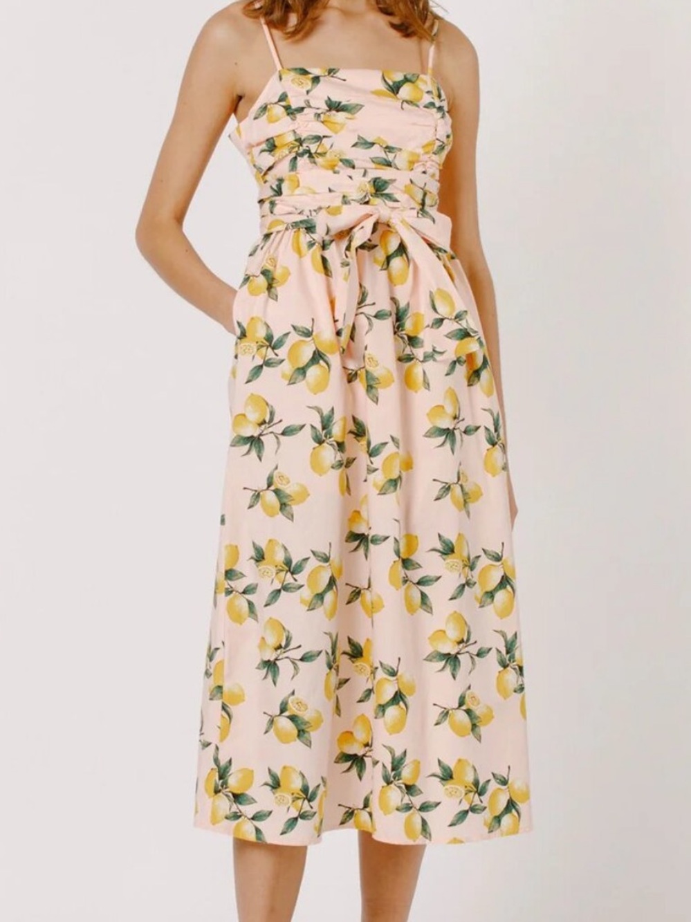 moodie Limoncello Pink Lemon Print Strappy Ruched Midi Dress Size S